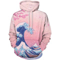 Men's 3D printed pink wave hoodie with wave and mountain scene, drawstring hood