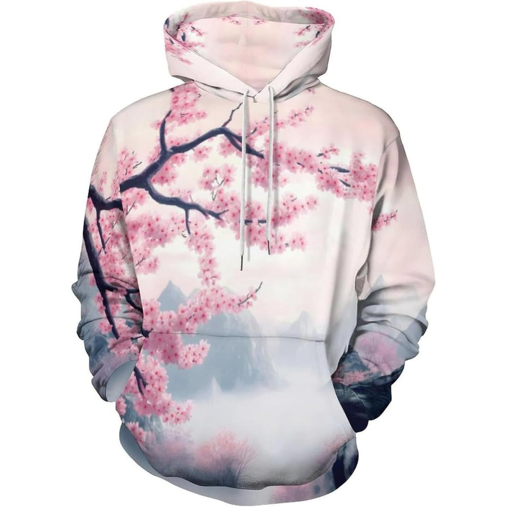 Men's pastel cherry blossom hoodie with pink floral branches and drawstring hood