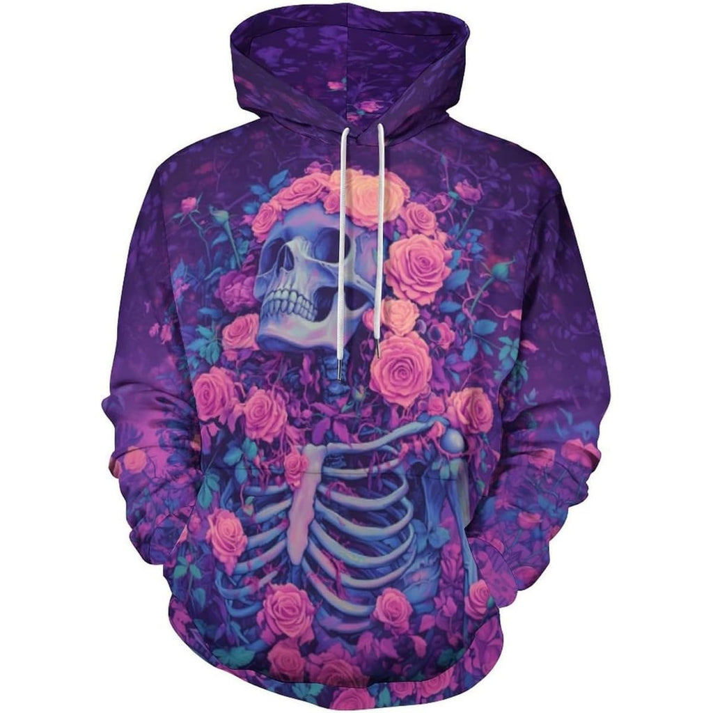 Men's printed 3D hoodie with purple floral skull and skeleton graphic, pullover drawstring hood