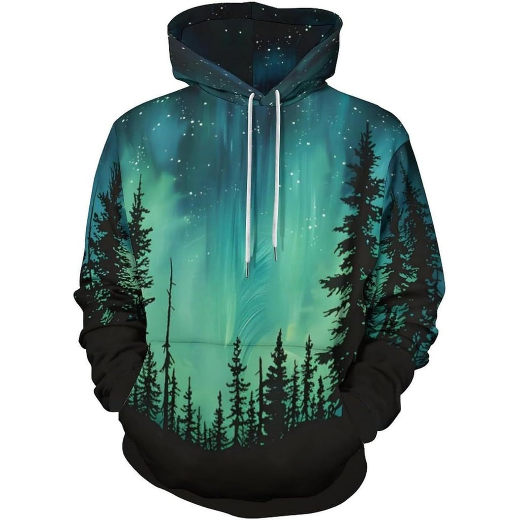 Men's printed pullover hoodie with green aurora forest trees graphic, drawstring hood