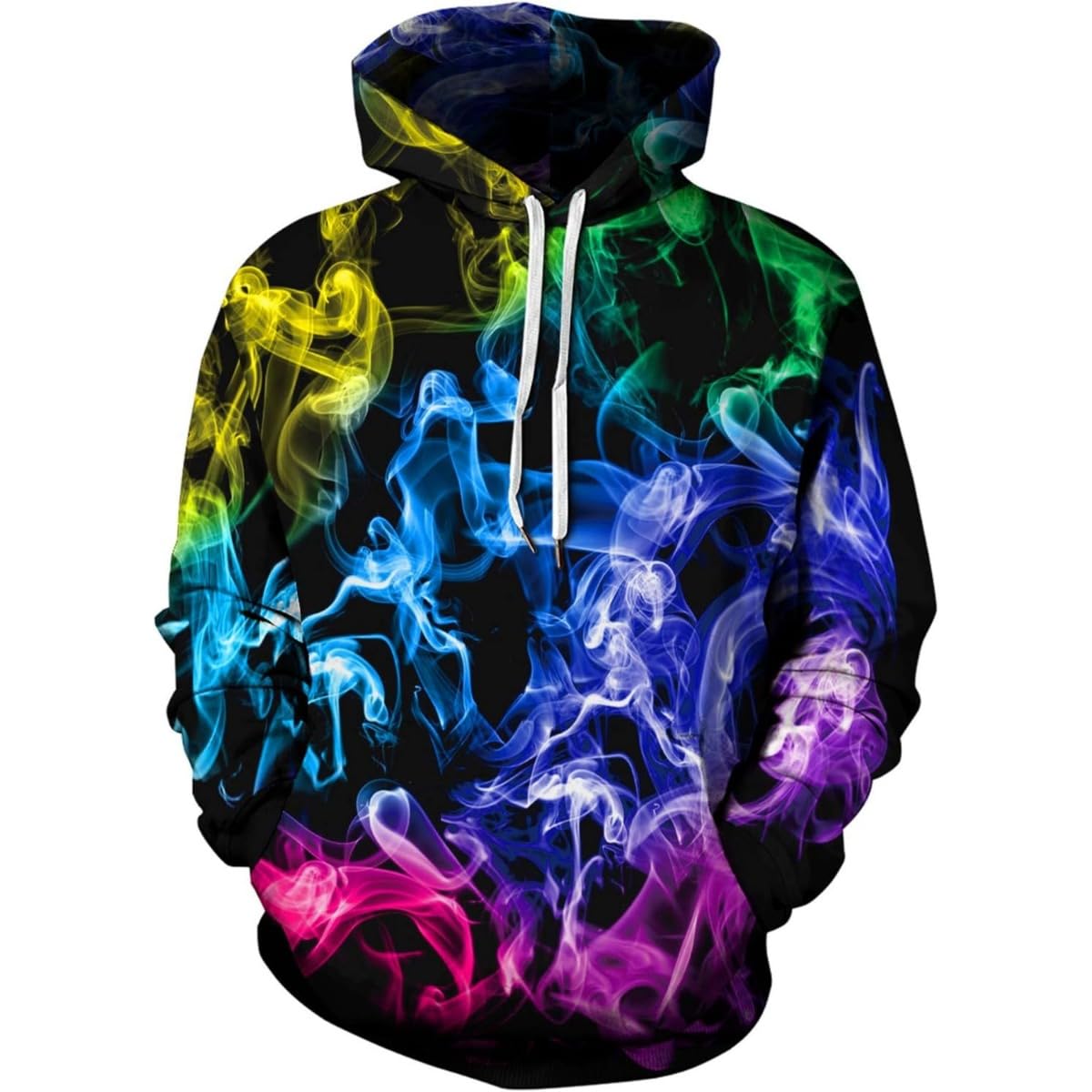 Men's printed 3D hoodie with multicolor smoke star graphic, pullover style, drawstring hood