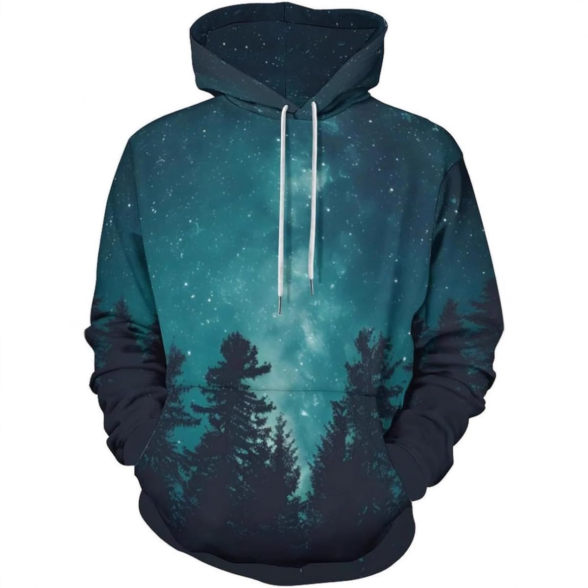 Teal pullover hoodie with galaxy sky and forest tree silhouettes and white drawstring cords