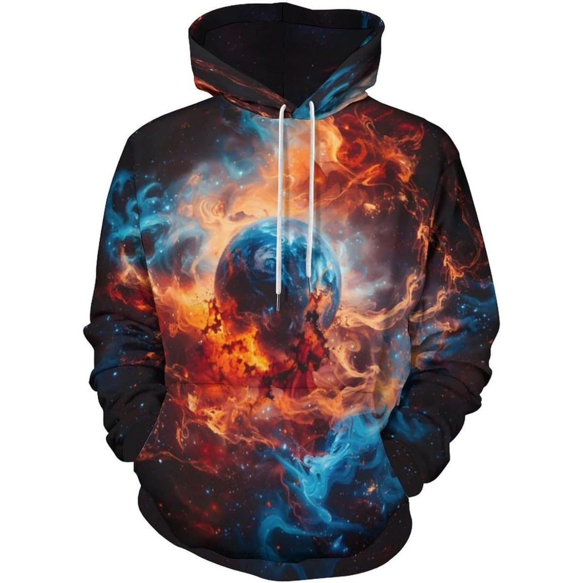 Men's printed pullover hoodie with fiery storm wolf graphic, blue and orange flames, hood