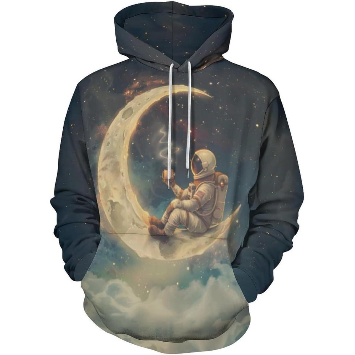 Men's 3D printed space hoodie with astronaut on planet graphic and drawstring hood