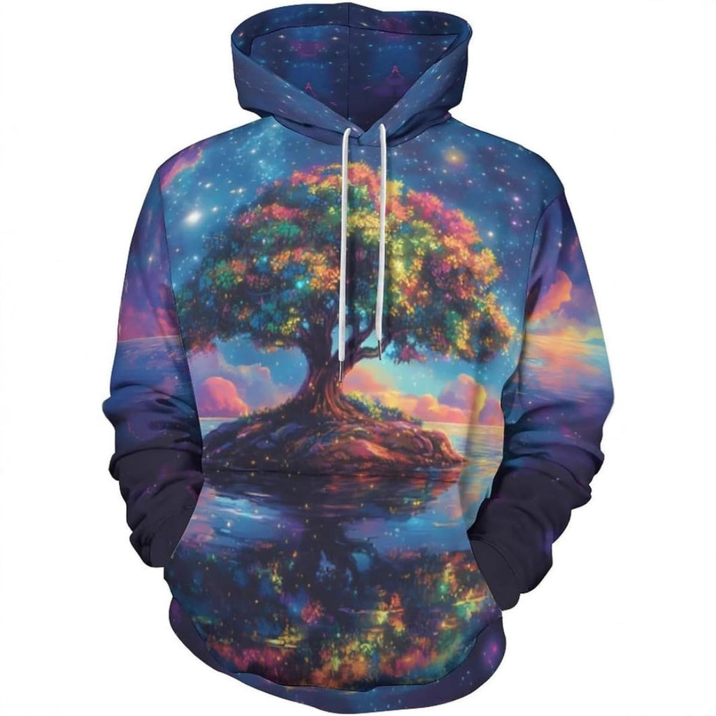 Men's printed 3D hoodie with blue cosmic tree scene, pullover style, drawstring hood