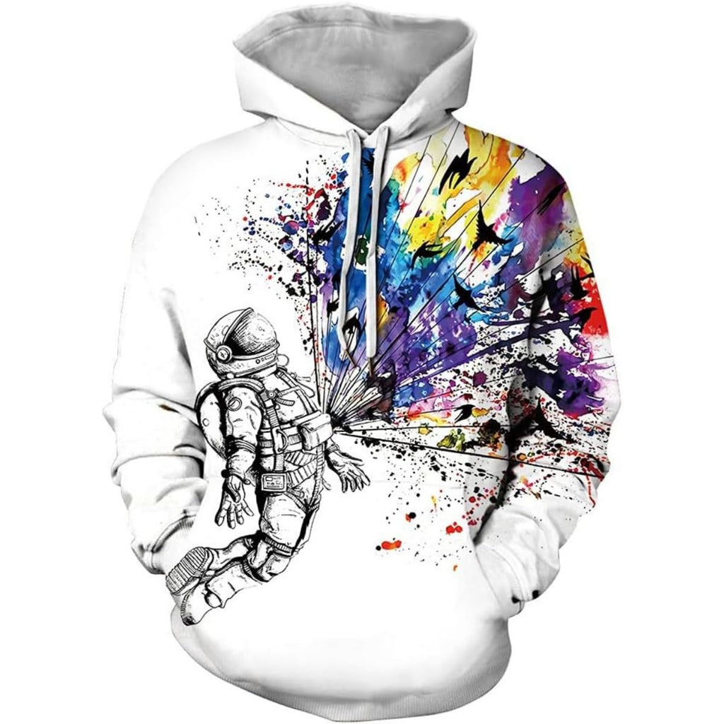 Men's white astronaut graphic 3D print pullover hoodie with drawstring