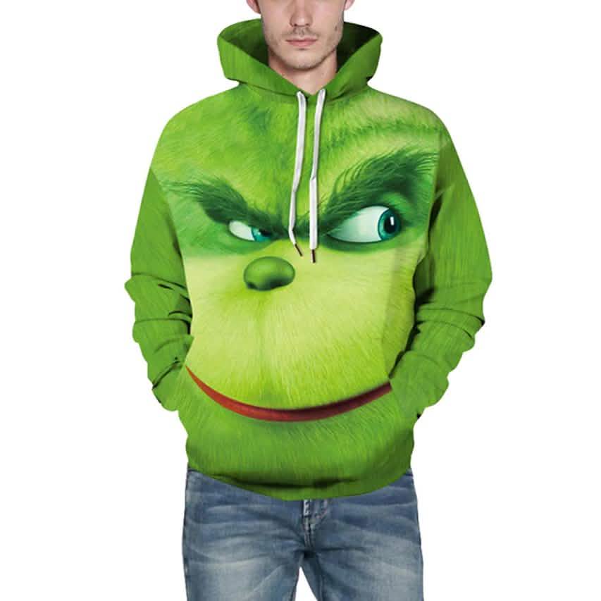 Men's pullover hoodie in bright green with 3D cartoon face print, front view