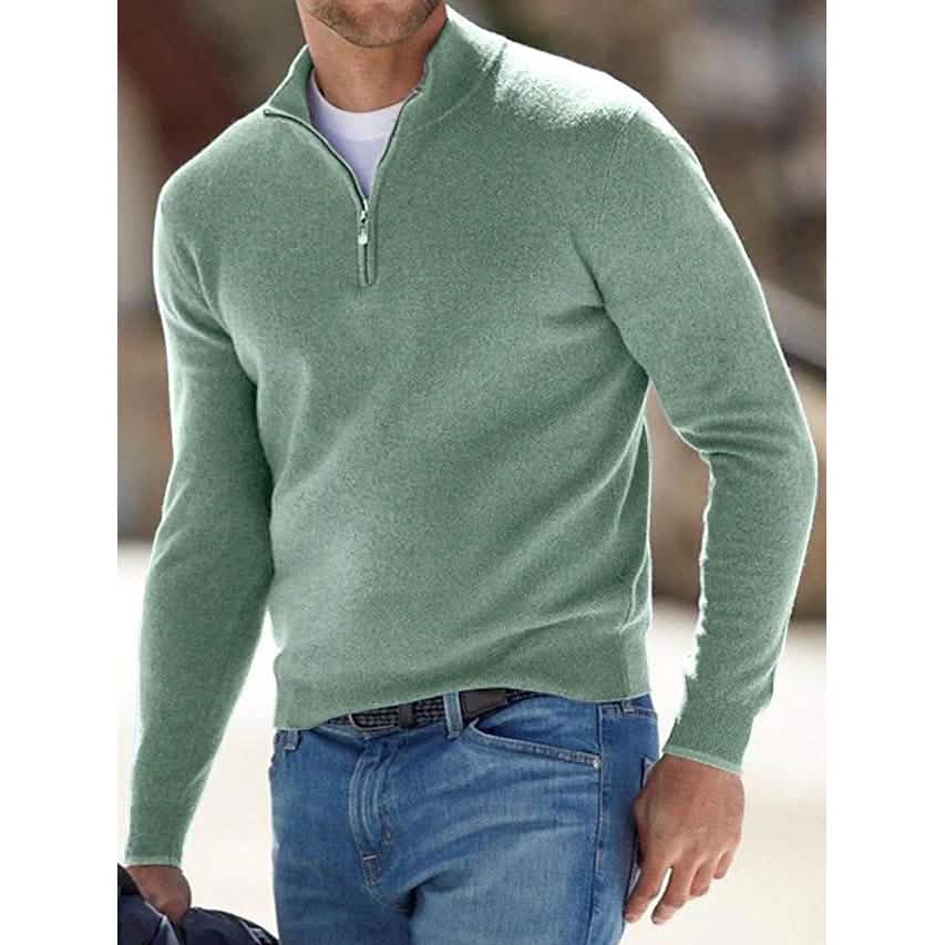 Men's green ribbed knit half-zip sweater, cropped pullover