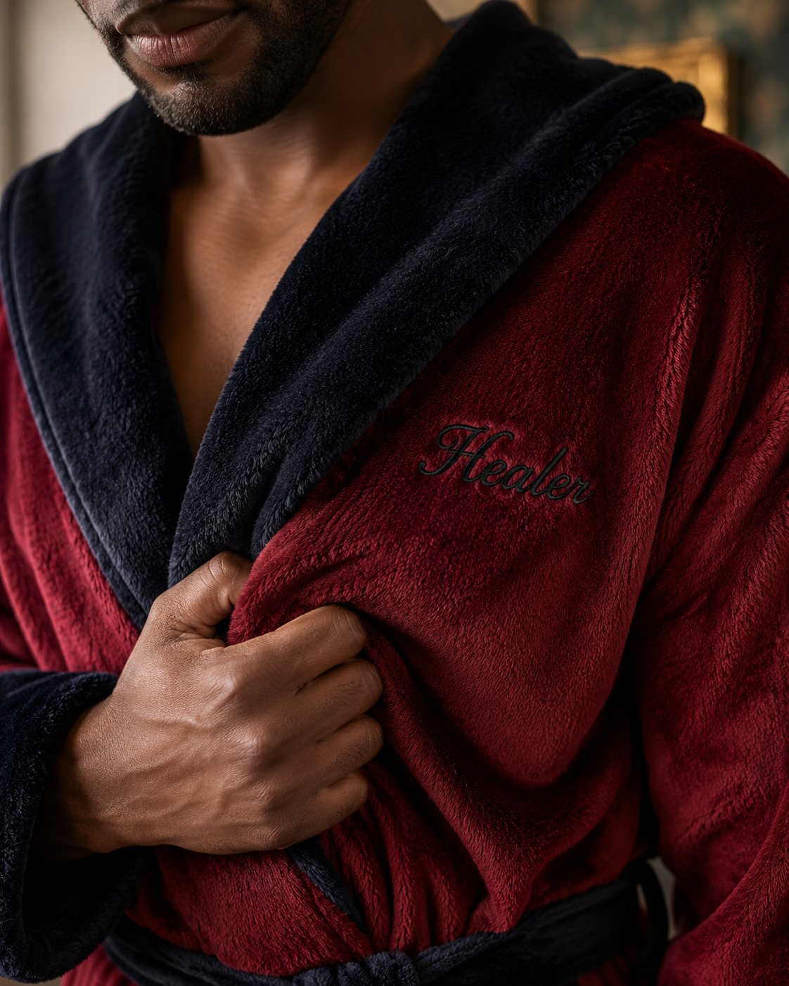 Men’s hooded plush robe with burgundy body and dark hood trim; close-up fabric texture.