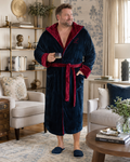 Navy hooded plush robe with burgundy hood lining and belt tie, embroidered chest