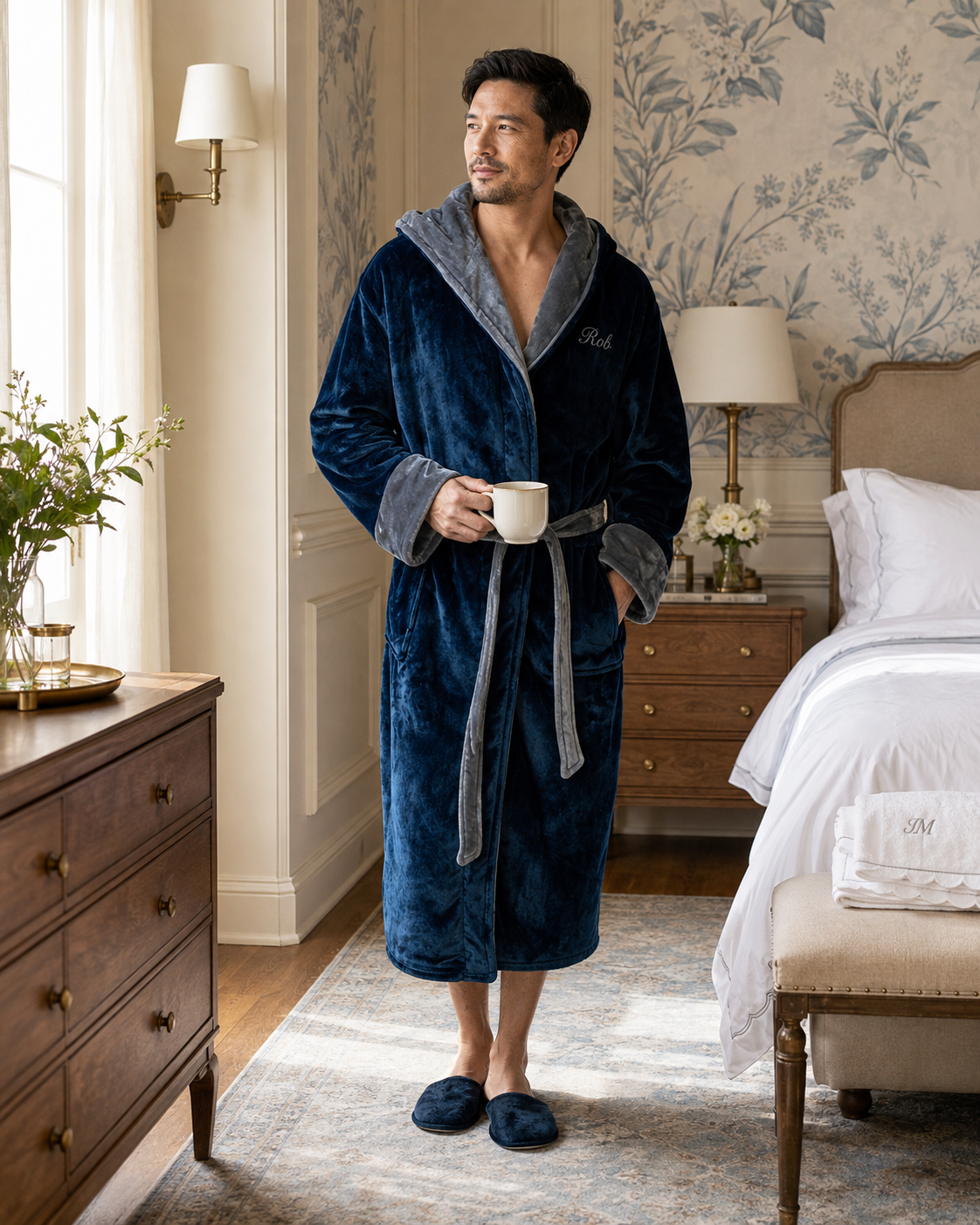 Blue hooded plush robe with gray hood lining and belt tie, knee-length cut