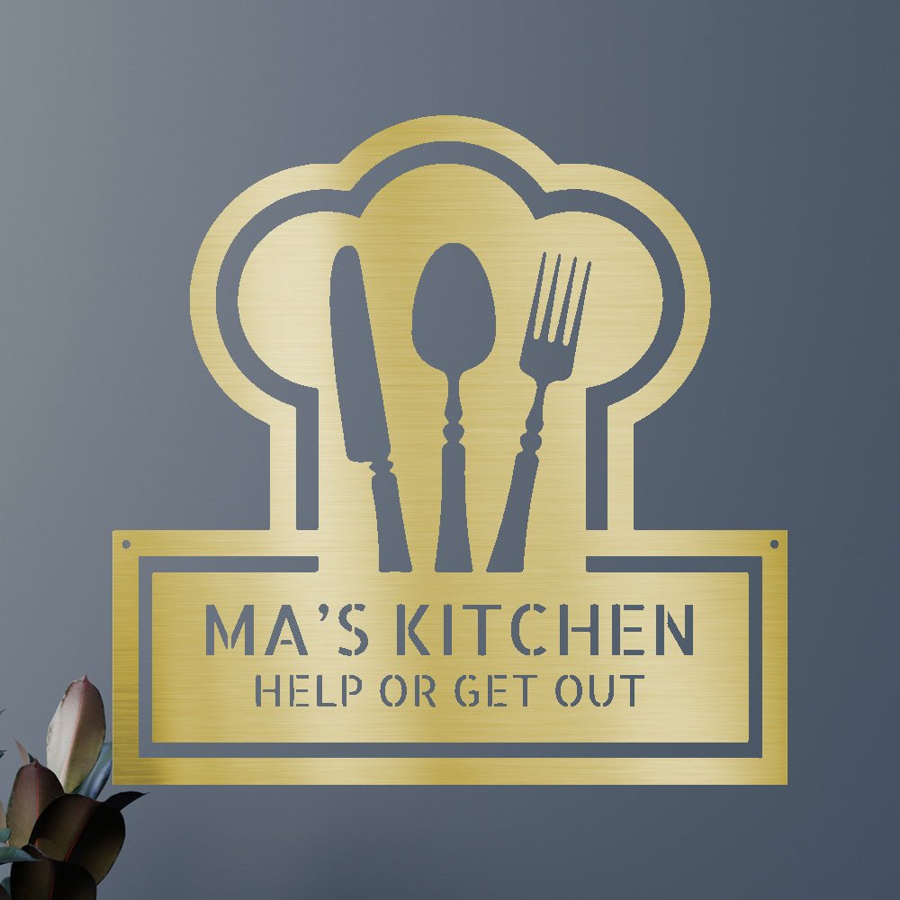 Personalized kitchen sign metal wall art in gold with white fork, spoon, knife and “MA’S KITCHEN”