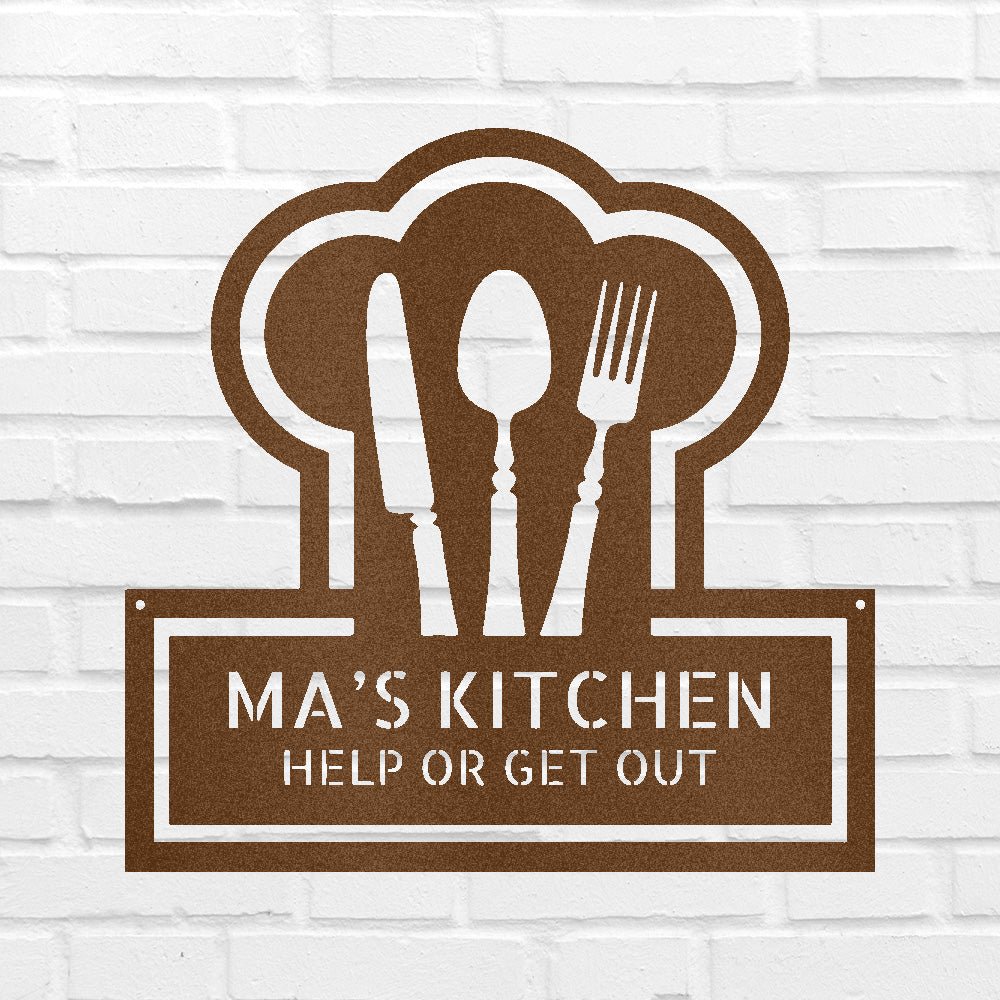 Personalized kitchen sign metal wall art in bronze with white fork, spoon, knife and “MA’S KITCHEN”