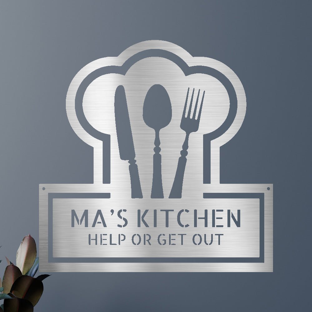Personalized kitchen sign metal wall art in silver with white fork, spoon, knife and “MA’S KITCHEN”