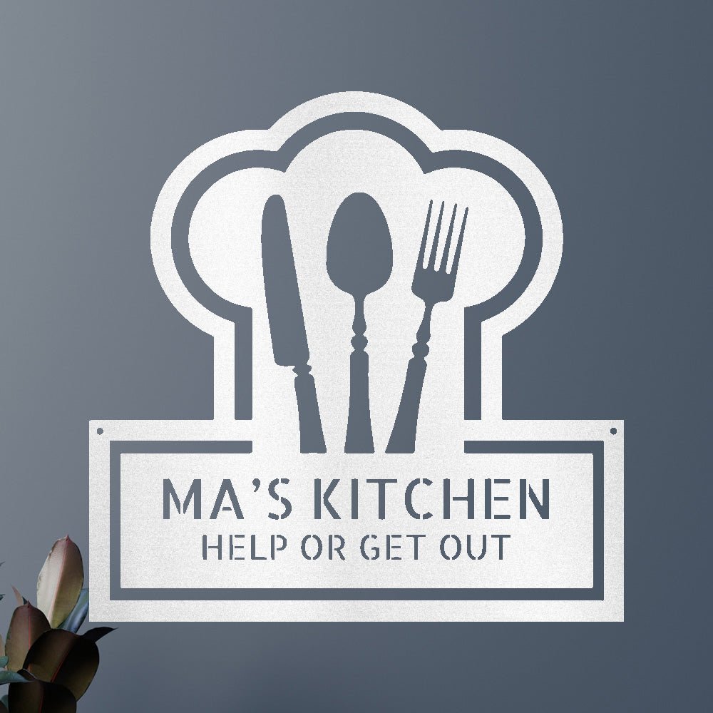 Personalized kitchen sign metal wall art in white tones with white fork, spoon, knife and “MA’S KITCHEN”