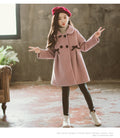 Mid-length wool princess coat, pink with double-breasted buttons and bow trim