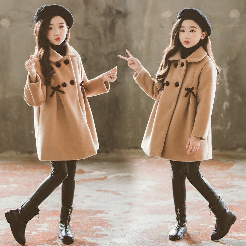 Mid-length wool princess coat, khaki with double-breasted buttons and bow trim