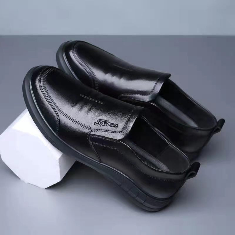 Men's black PU loafers, stitched slip-on design with soft rubber sole
