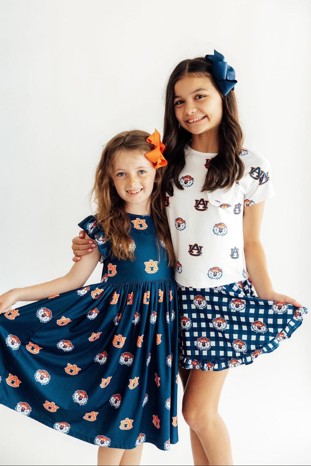 Aubie flutter twirl dress twirled skirt with cap sleeves and Auburn logo pattern