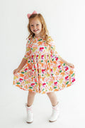 Girls' multicolor leaf-print 3/4 sleeve twirl dress, gathered skirt