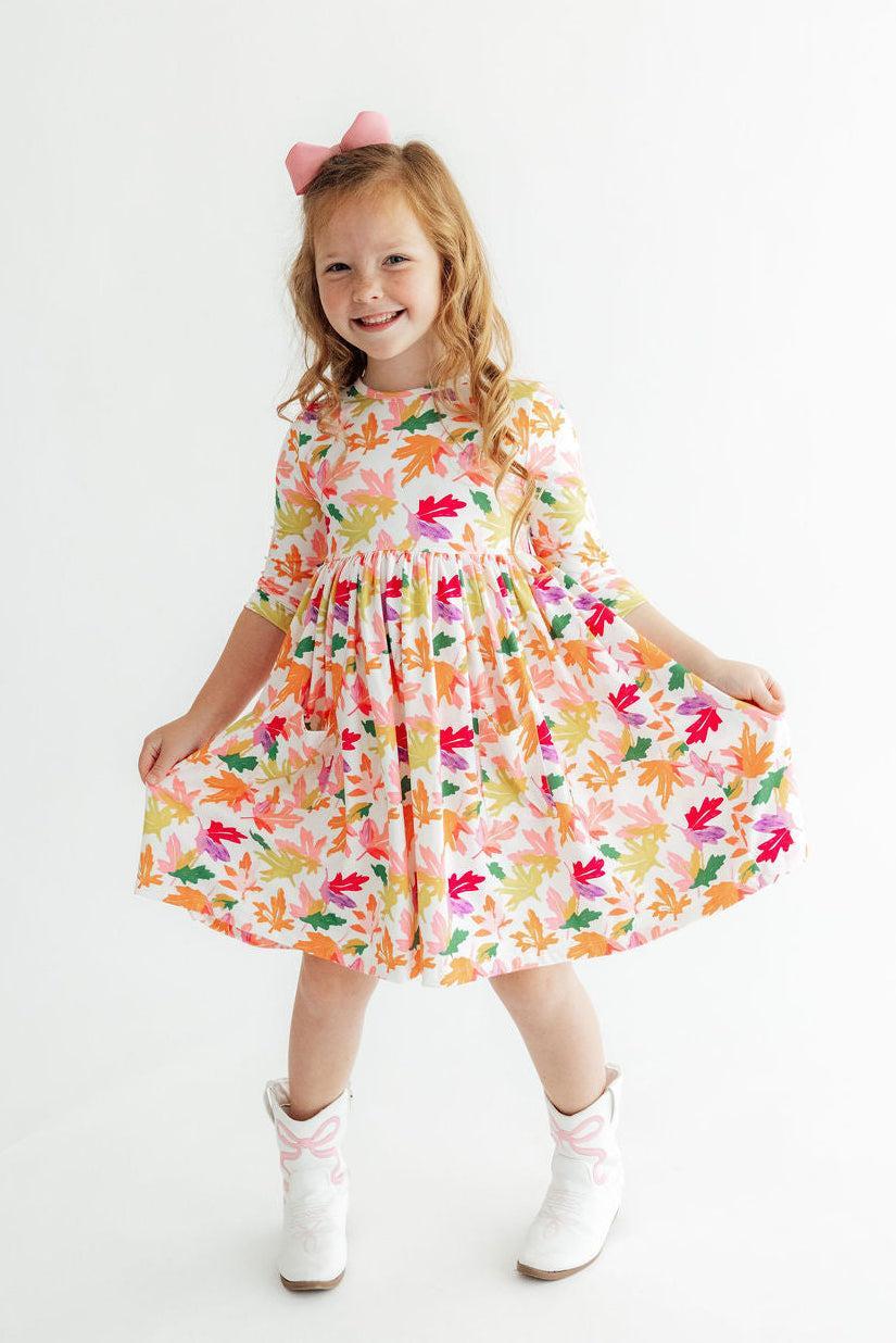 Girls' multicolor leaf-print 3/4 sleeve twirl dress, gathered skirt