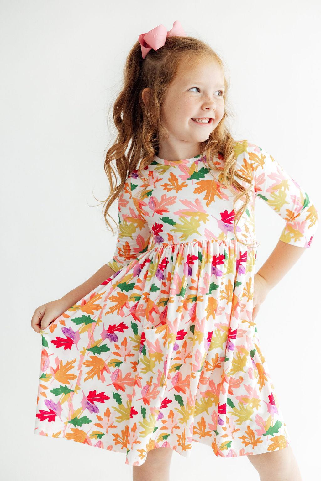 Girls' multicolor leaf-print 3/4 sleeve twirl dress with flared skirt