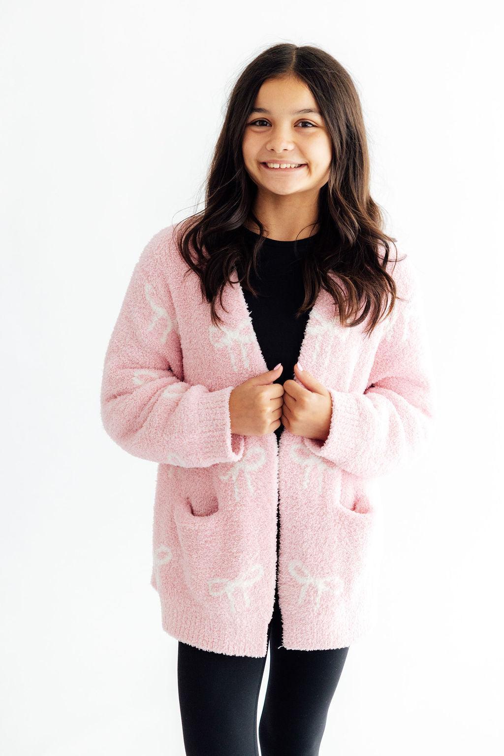 Light pink bow cozy cardigan with open front and embroidered bow details
