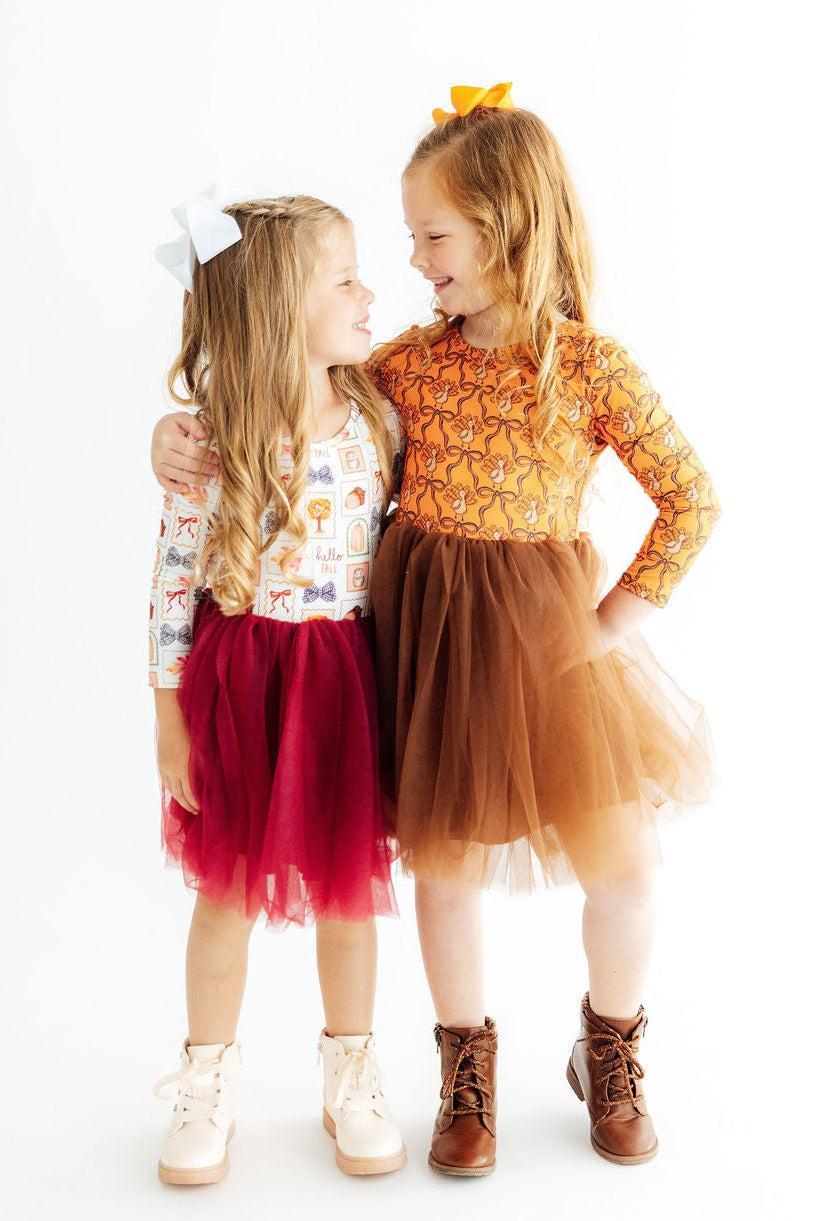 Orange long-sleeve turkey-print tutu dress with brown tulle skirt, bow headband