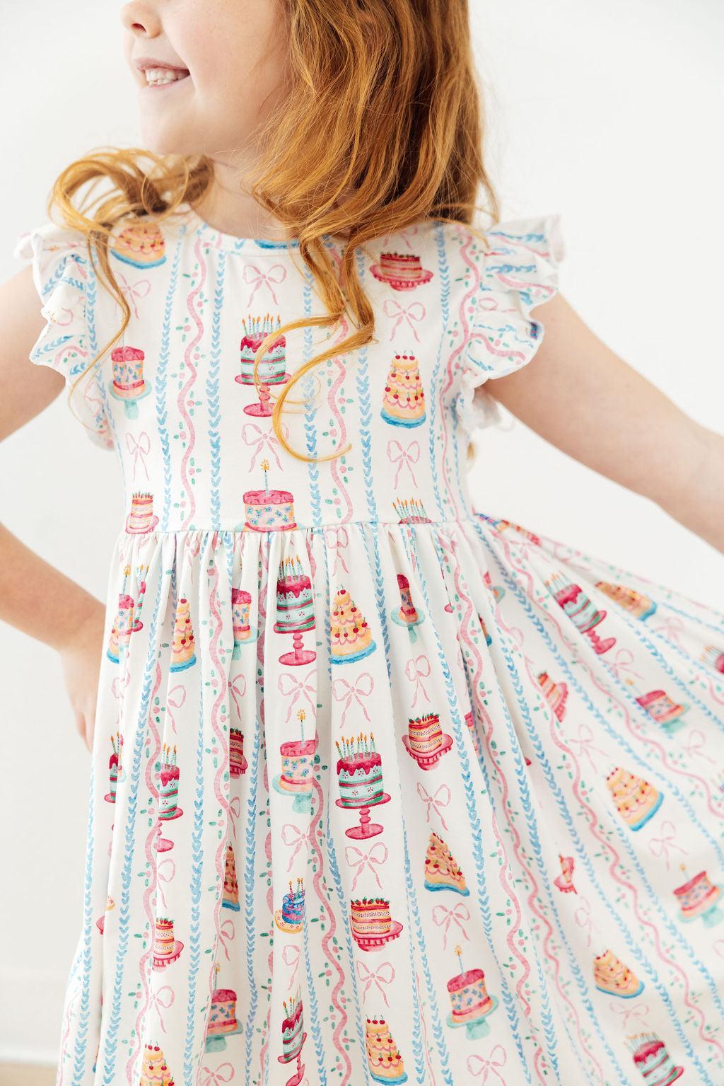 White cake-print flutter-sleeve twirl dress with gathered skirt