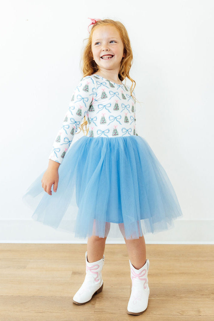 Light blue tulle tutu dress with long sleeves and white bow-and-tree print bodice