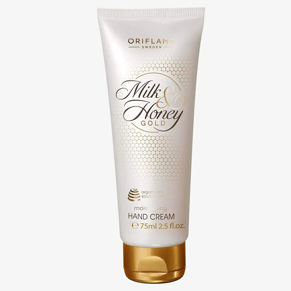 Moisturising hand cream tube, Oriflame Milk & Honey Gold, 75ml, gold base
