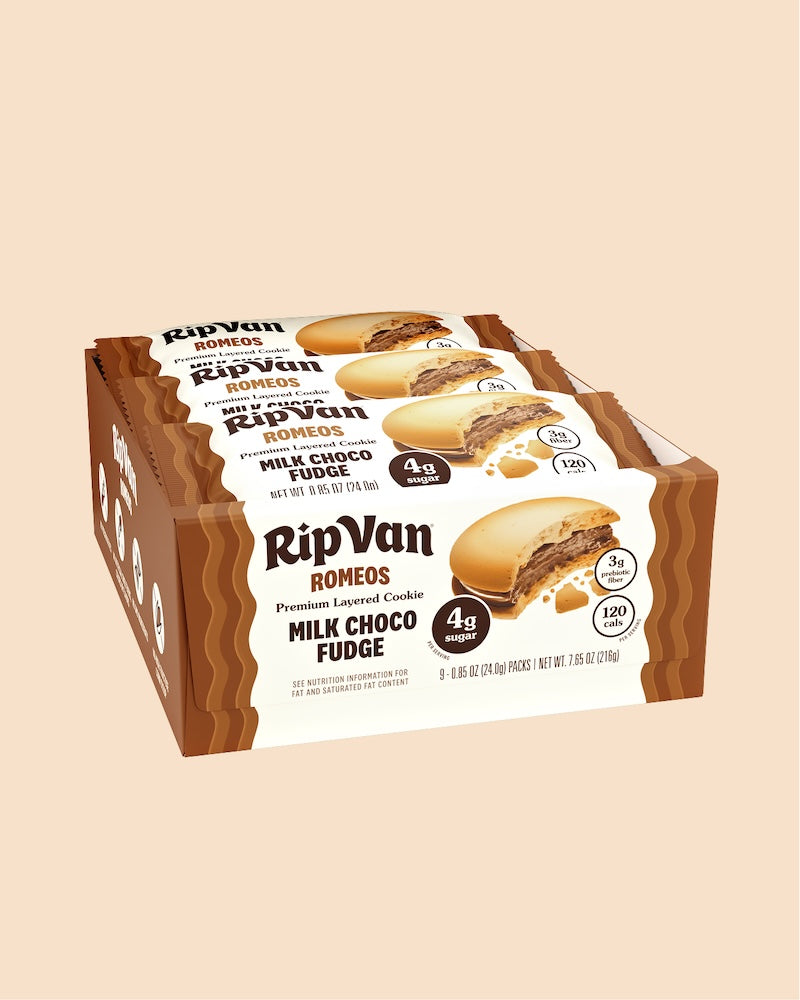 RipVan ROMEOS milk choco fudge cookie box with assorted cookie packets