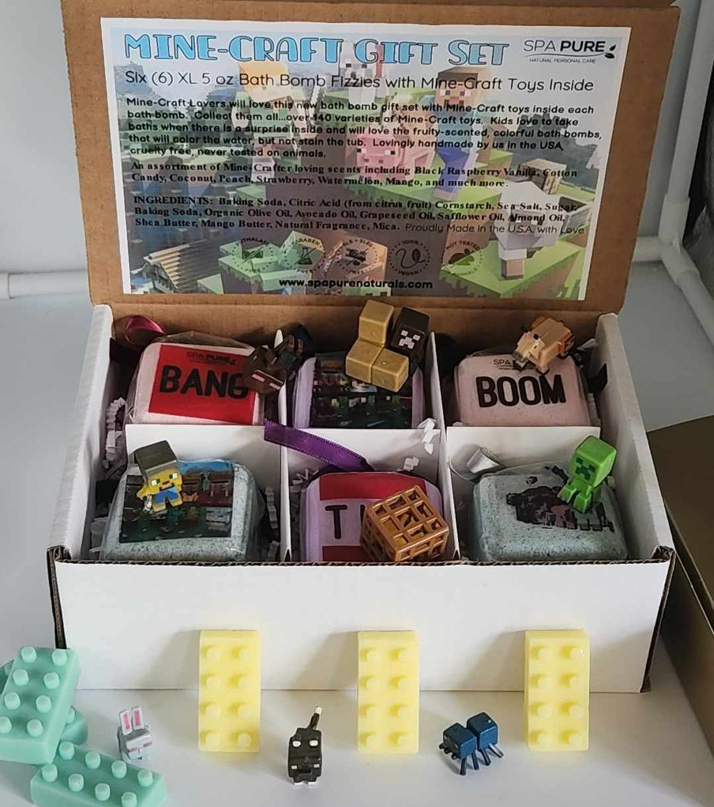 Kid bath bomb gift box with BANG, BOOM, TNT labels and Minecraft-style toy blocks
