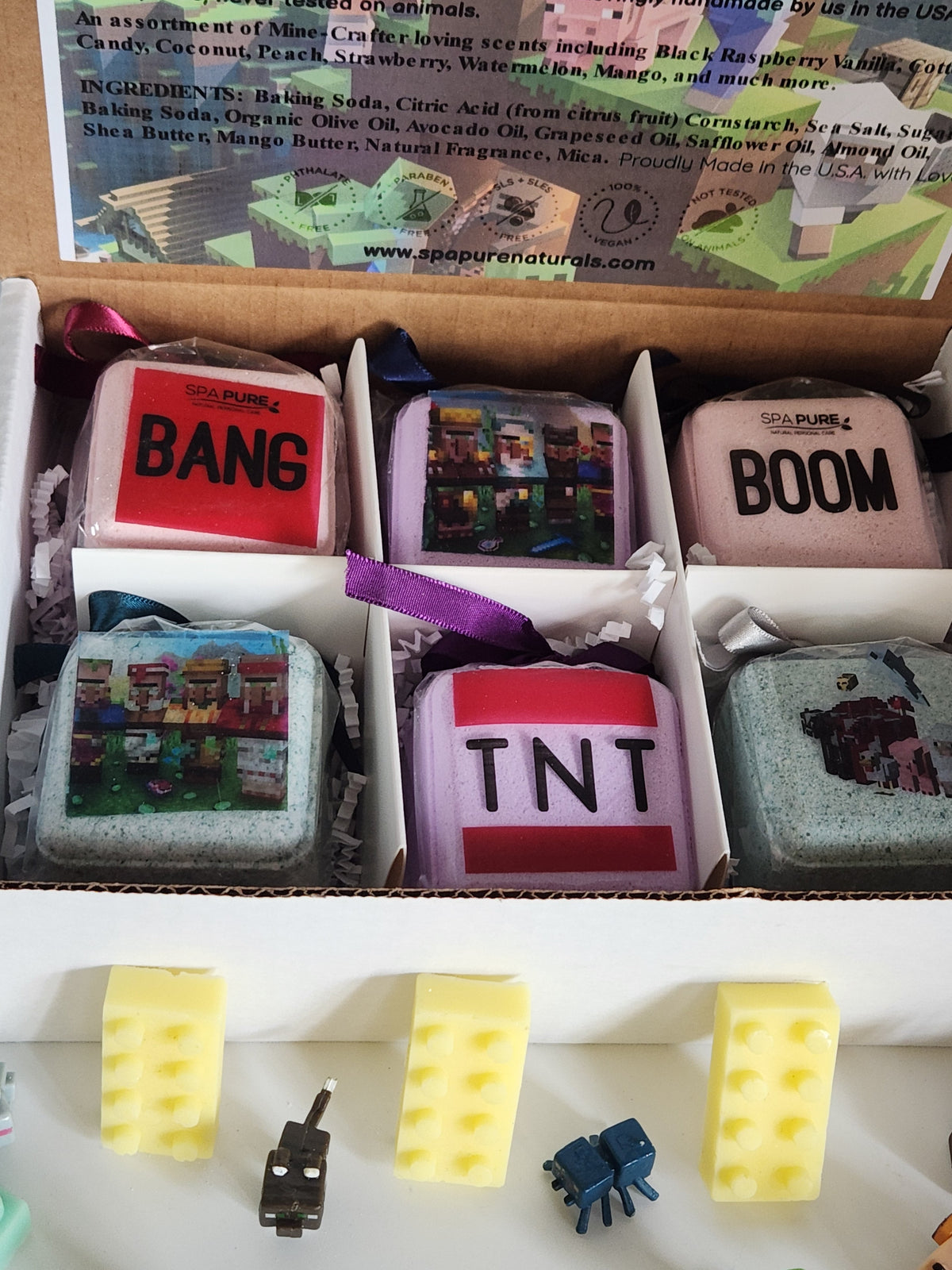 Bath bomb gift box with BANG, BOOM, TNT bars and assorted toy blocks and figures