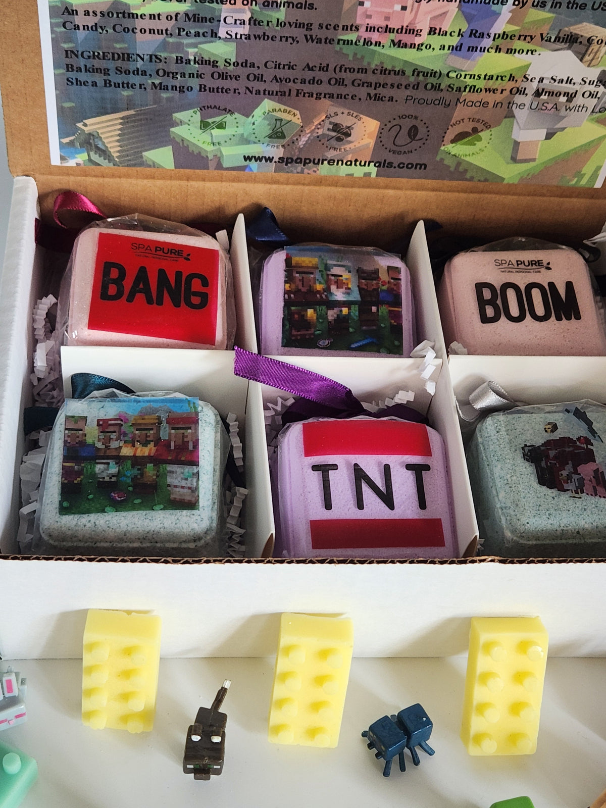 Kid bath bomb assortment box with BANG, BOOM, TNT bars and yellow block-shaped bombs