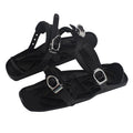 Mini ski skates pair, black platforms with silver buckle straps