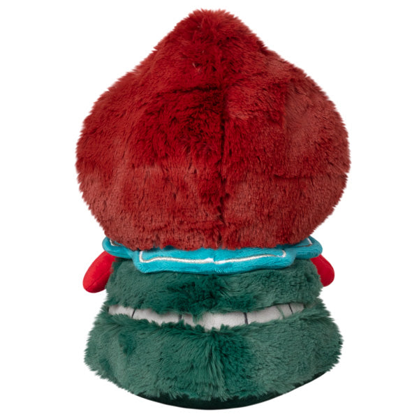 Mini plush monster, back view: red shaggy hood, teal collar, green plush body