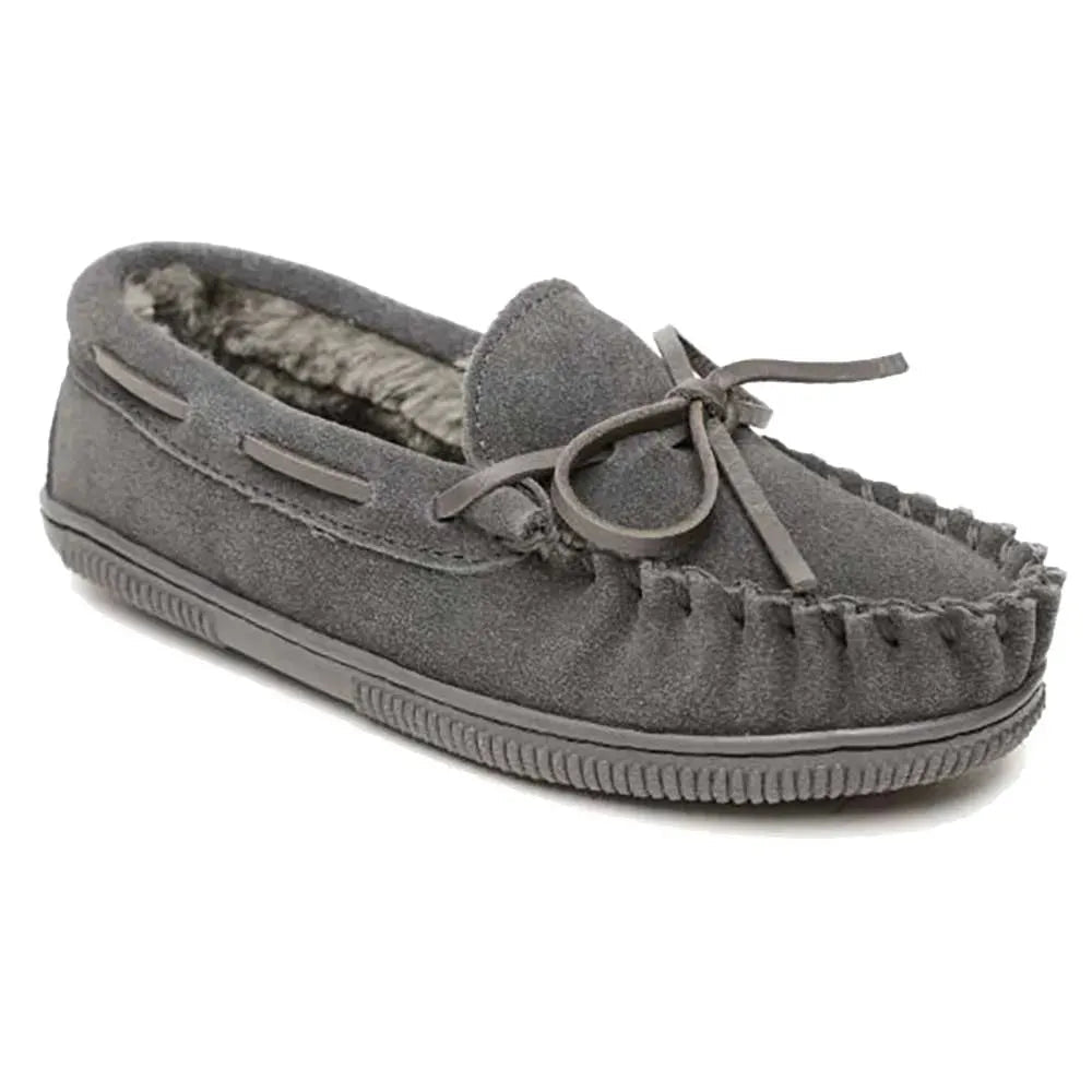 Children's charcoal suede slippers with tied laces, pile lining, and hard rubber sole