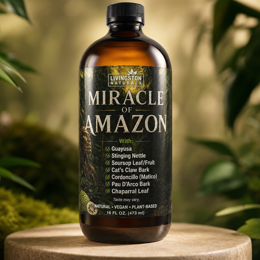 Miracle of Amazon Herbal Liquid Blend in an amber bottle, front label listing herbal ingredients