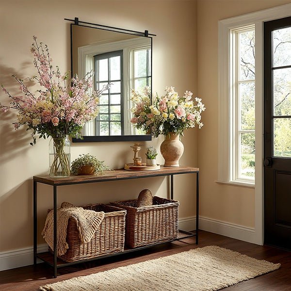 Large rectangular wall mirror with black metal frame and clear reflective glass