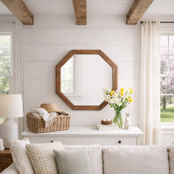 Octagon wood frame mirror with brown octagonal frame and clear reflective glass