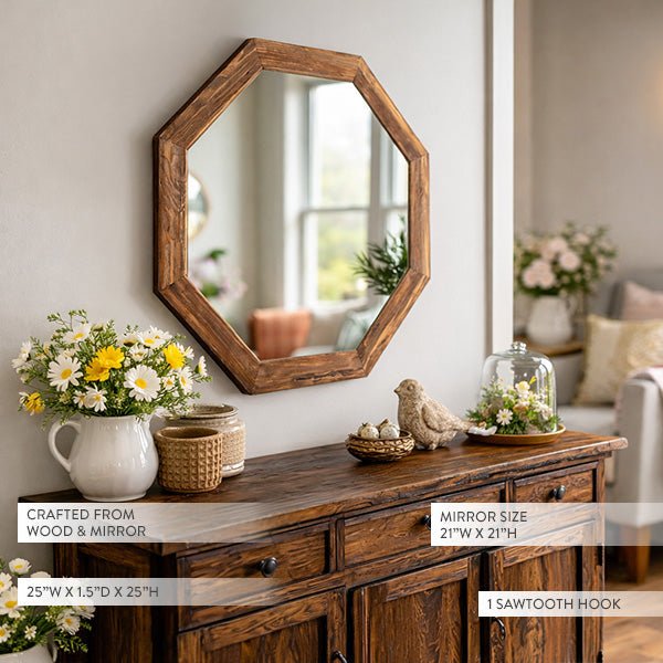 Octagon wood frame mirror with distressed brown octagonal frame and clear glass