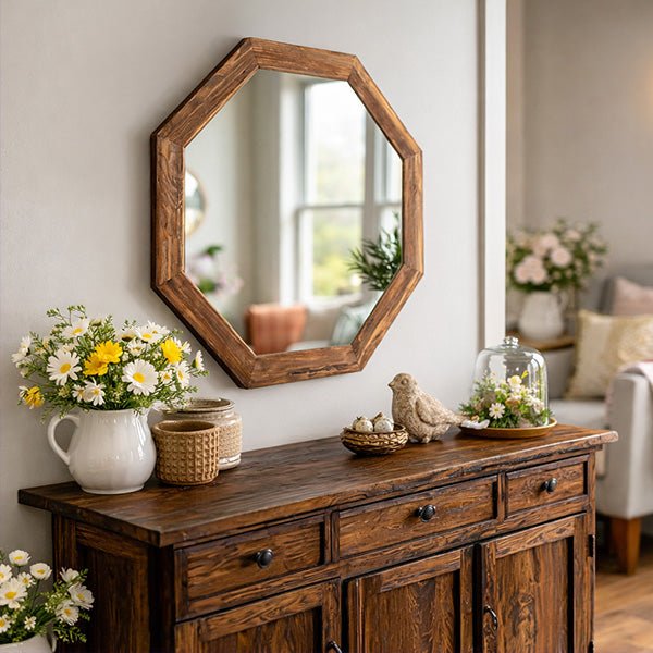 Octagon wood frame mirror on dresser, brown octagonal frame with clear center glass