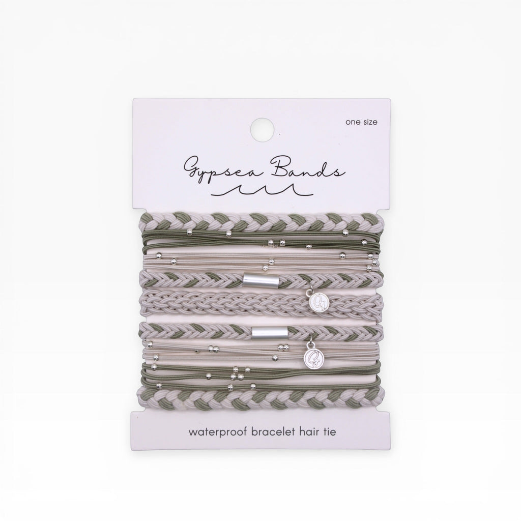 Braided hair tie bracelet set with muted green and gray bands and silver charms