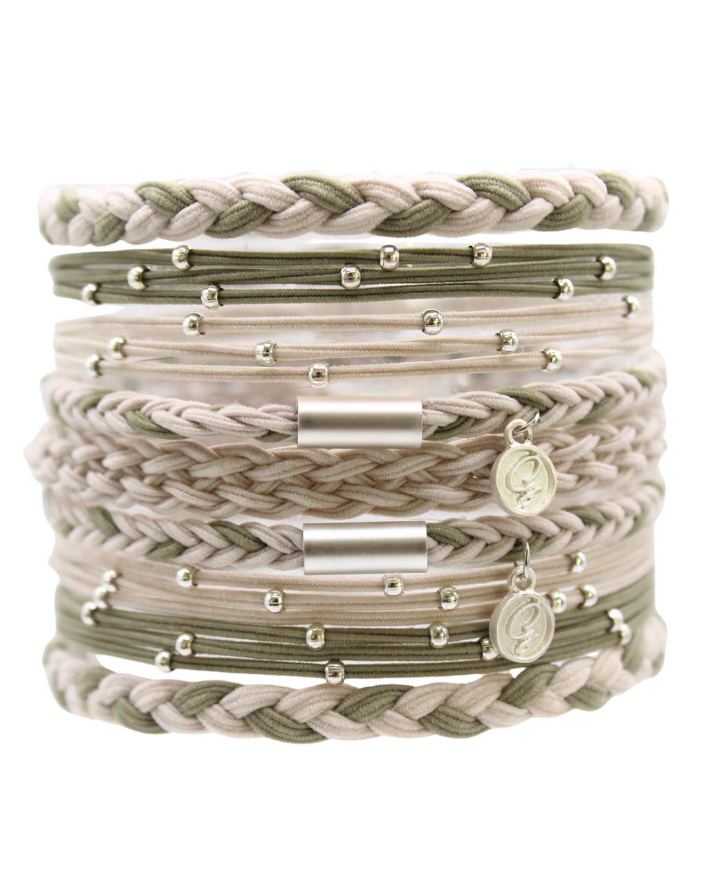 Braided hair tie bracelets in sage and cream with silver-tone charms and rings