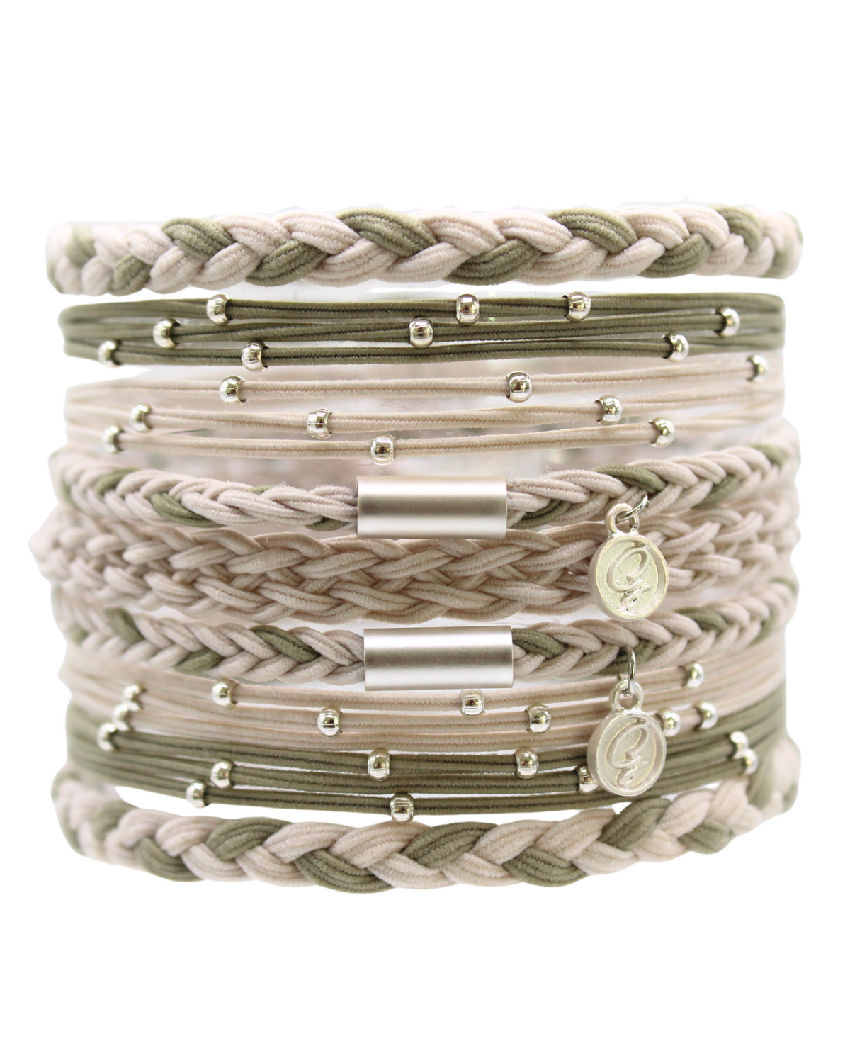 Braided hair tie bracelets in sage and cream with silver-tone charms and rings