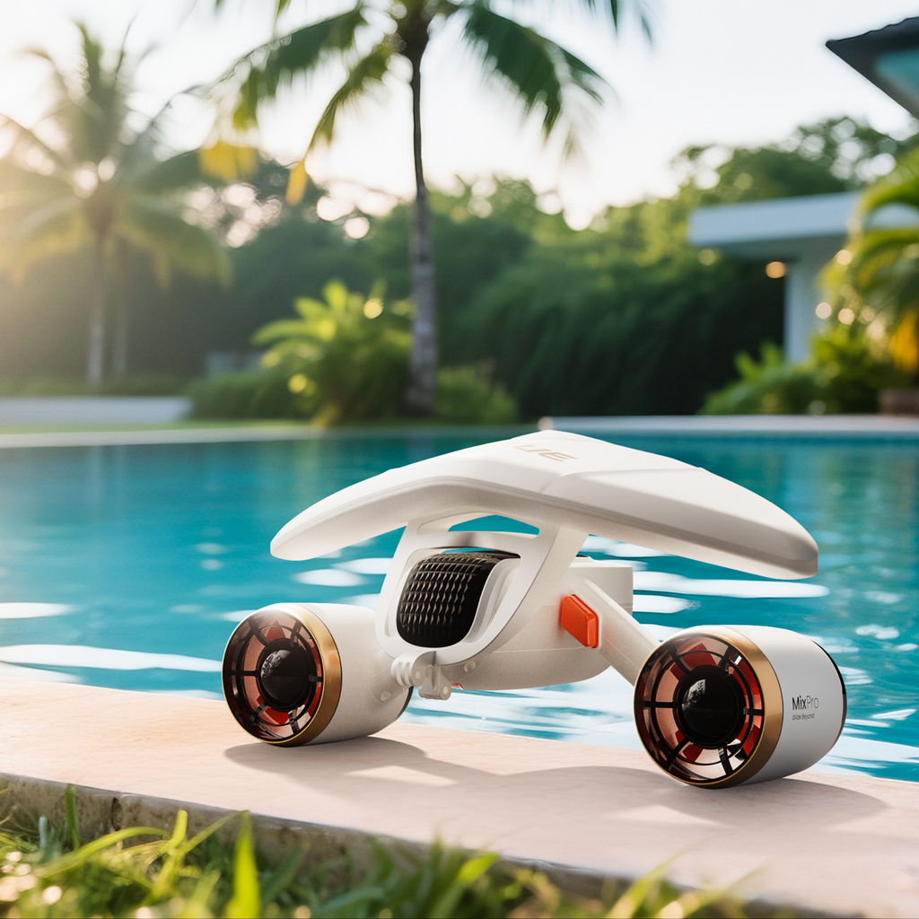White underwater drone with front camera and orange accent on deck