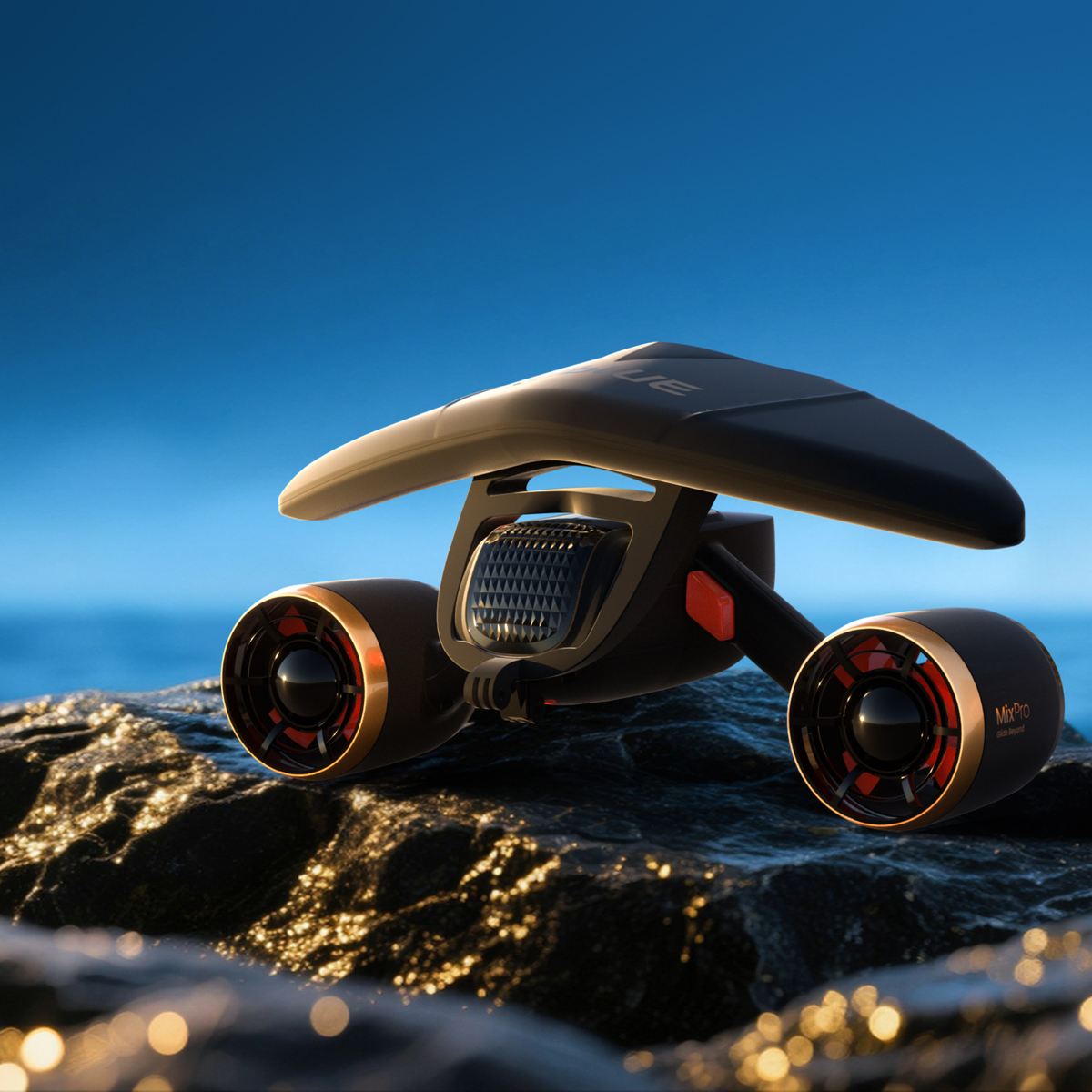 Black-and-white underwater drone with hood, orange-ring lights, and lens