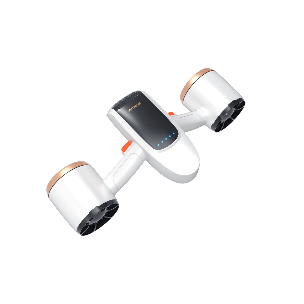 White quadcopter drone with front control panel display and dual side lens pods