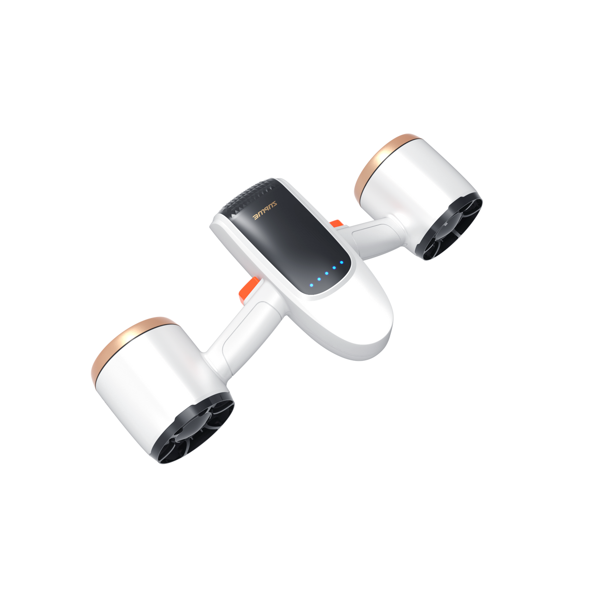 White quadcopter drone with front control panel display and dual side lens pods